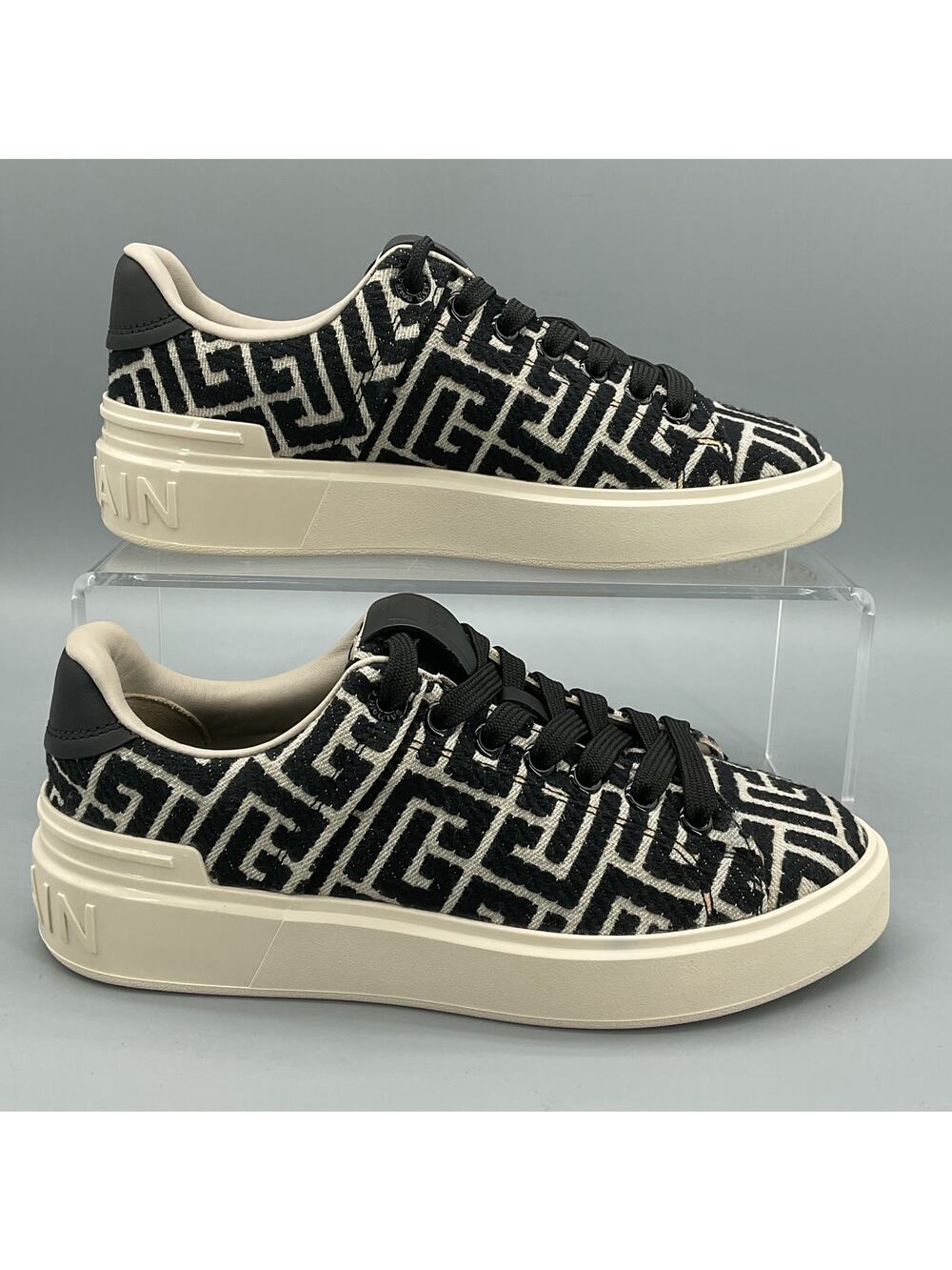 NEW Balmain Paris Women’s Monogram Jacquard B-Court Trainers Black Size 5